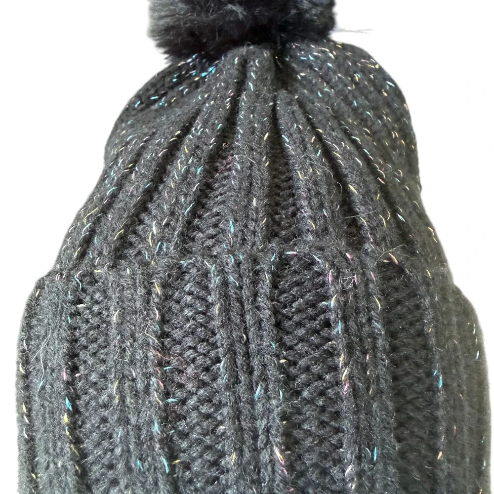 BP Black Metallic Pom Beanie Cozy Winter Streetwear‎ Y2K Sparkle Festival Hat